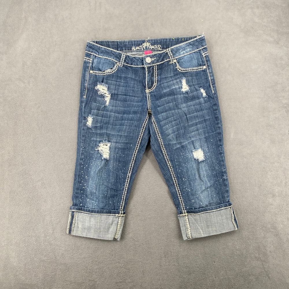 Almost Famous Distressed Splatter Denim Capris Medium Wash Size 11